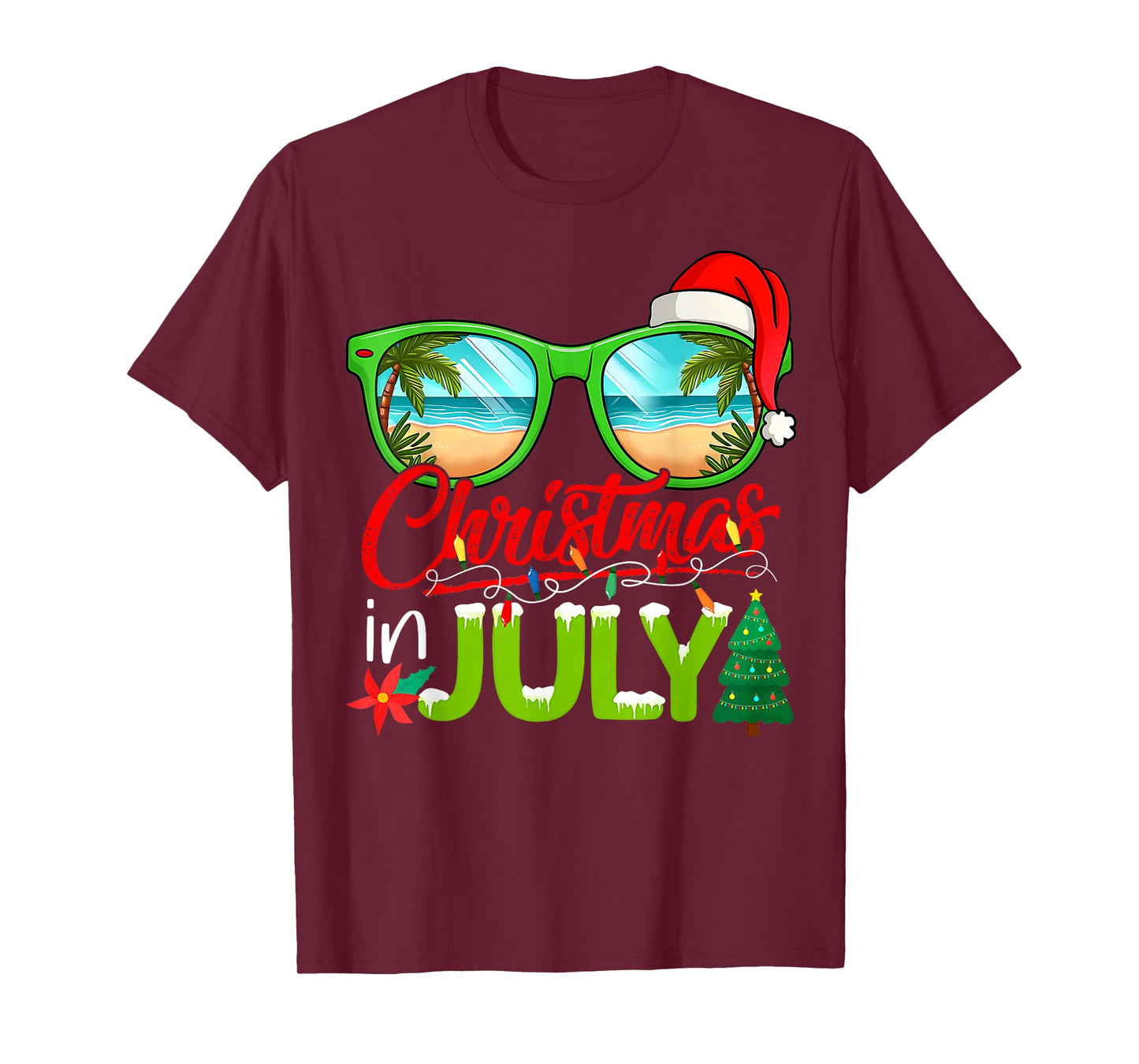 Christmas In July Sunglasses Santa Hat Summer Beach Xmas T-Shirt