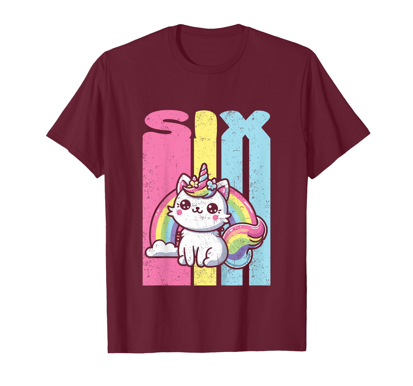 Kids Six 6th Birthday Caticorn Cat Unicorn Rainbow Grunge T-Shirt
