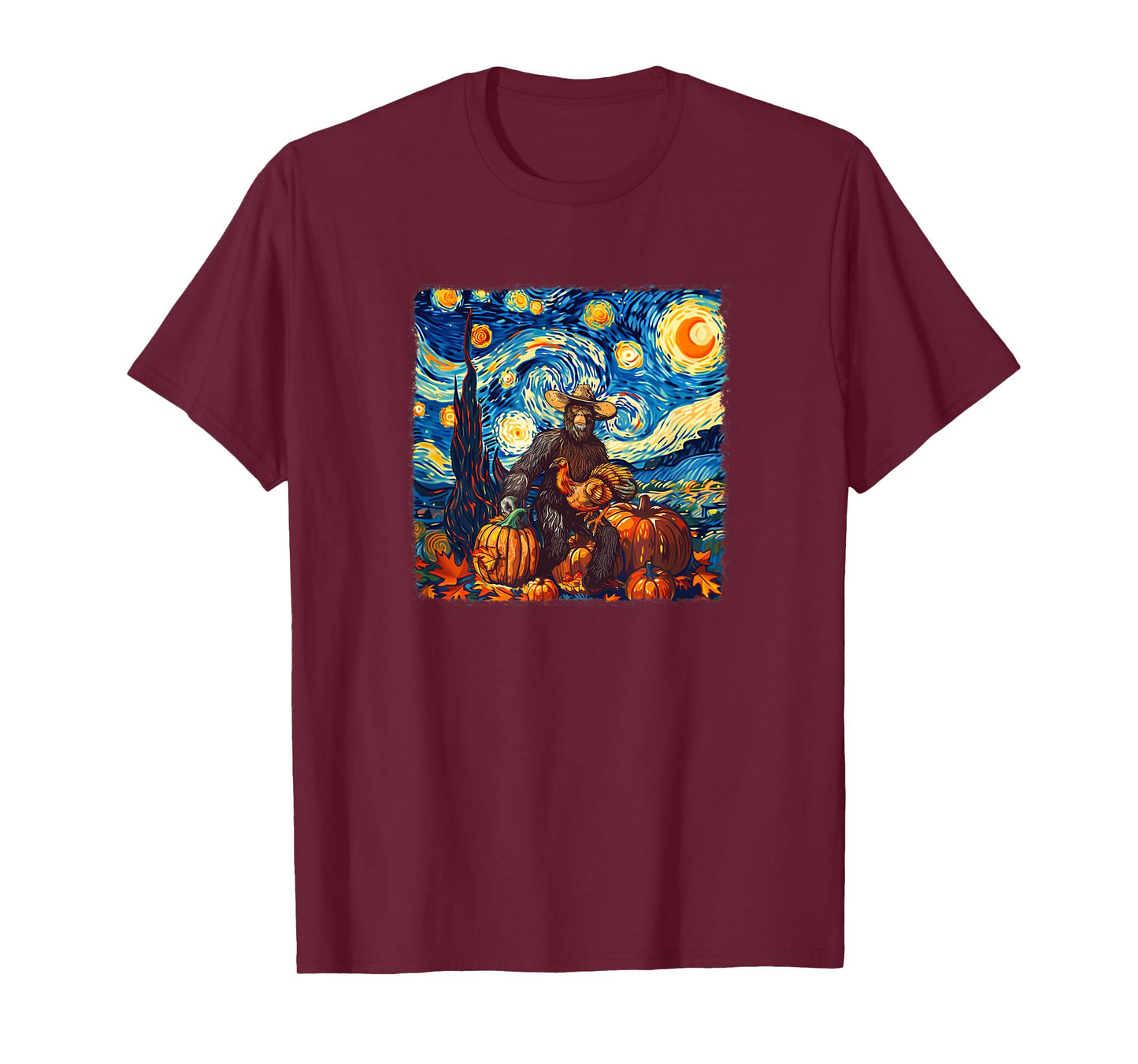 Funny Bigfoot Pilgrim Turkey Pumpkin Thanksgiving Van Gogh T-Shirt