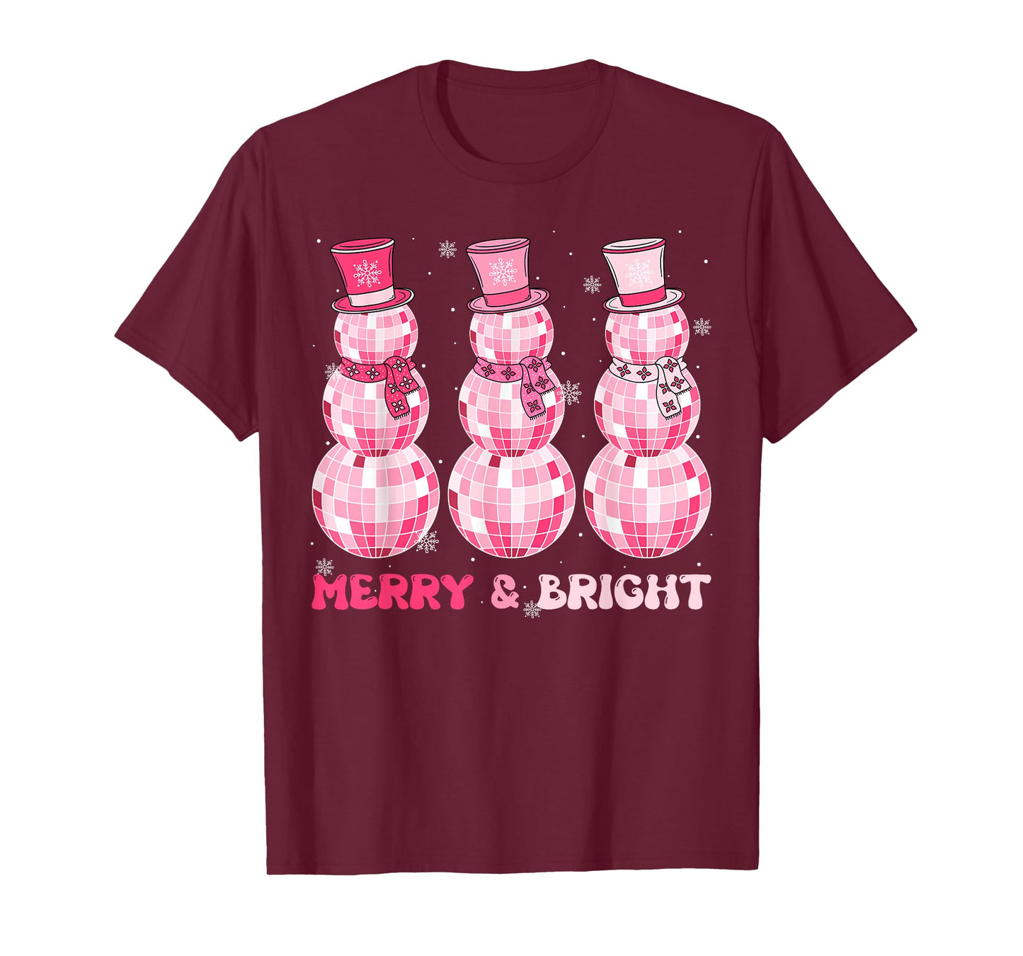 Retro Merry Bright Pink Disco Snowman Christmas Santa Funny T-Shirt
