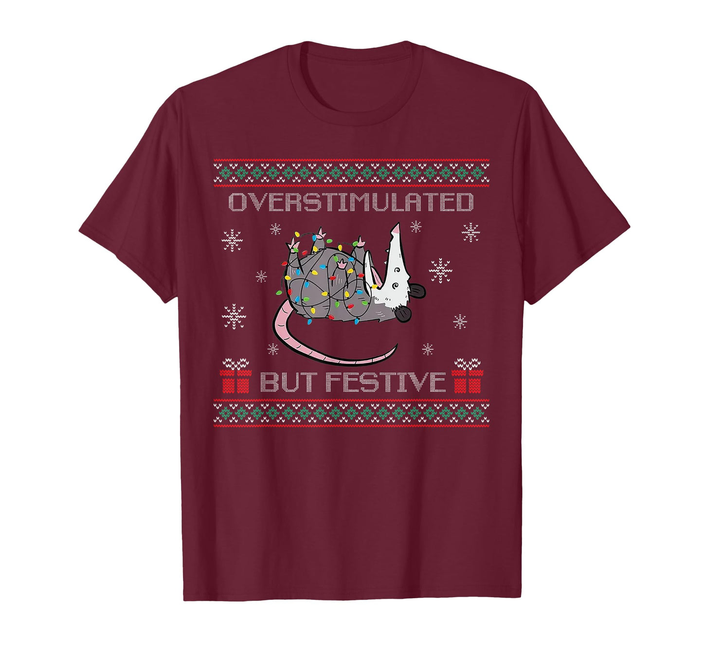 Overstimulated But Festive Opossum Ugly Sweater Christmas T-Shirt