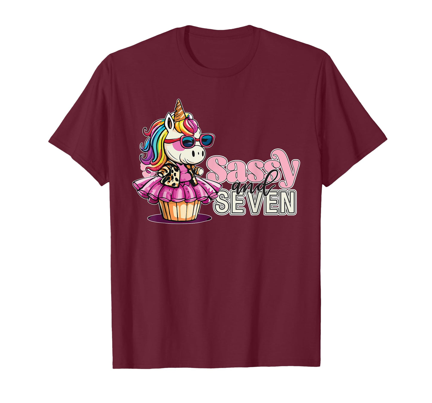 Girls Sassy and Seven 7th Birthday Unicorn Age 7 Cupcake T-Shirt