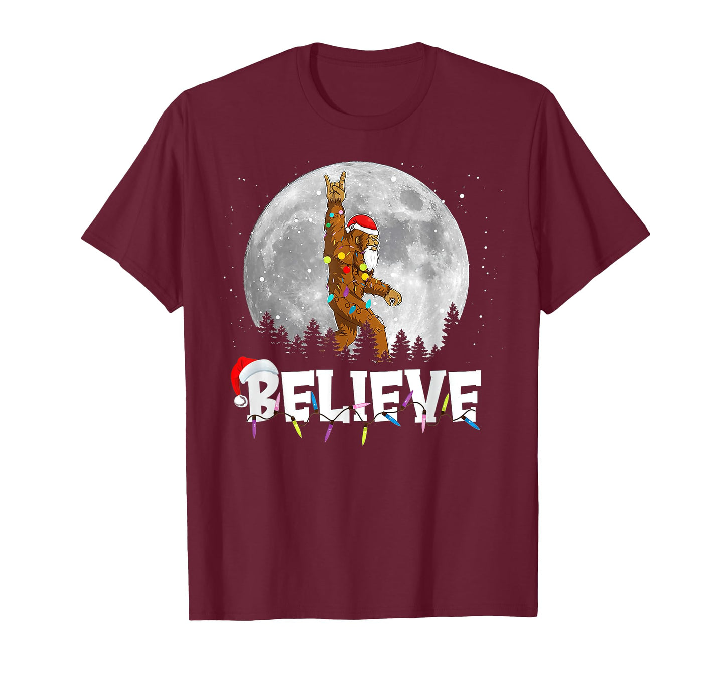 Santa Bigfoot Christmas Light Funny Sasquatch Believe Xmas T-Shirt