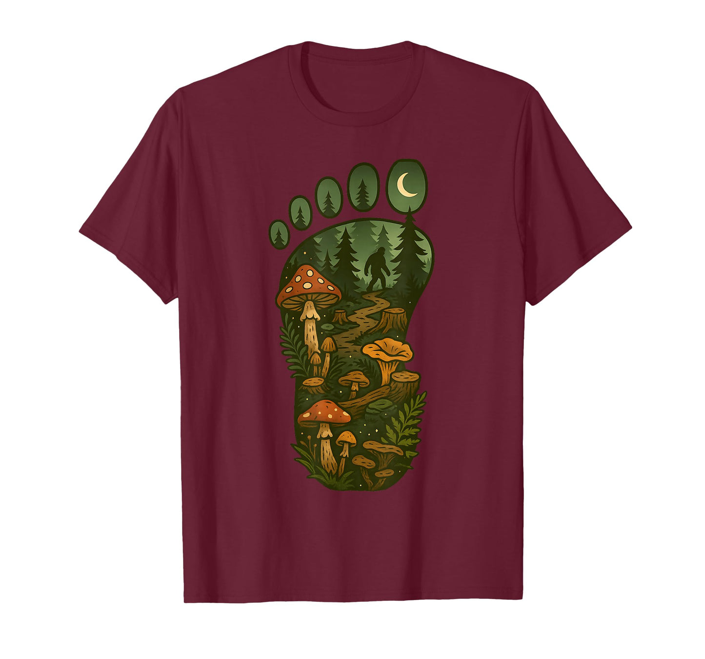 Bigfoot Foot Print Forest Nature Mushroom Sasquatch Cryptid T-Shirt