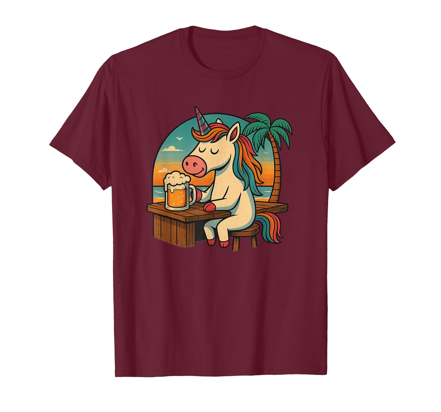 Unicorn with Beer, Relax, Unicorn, Beer, Beach, Sunset, Fun T-Shirt