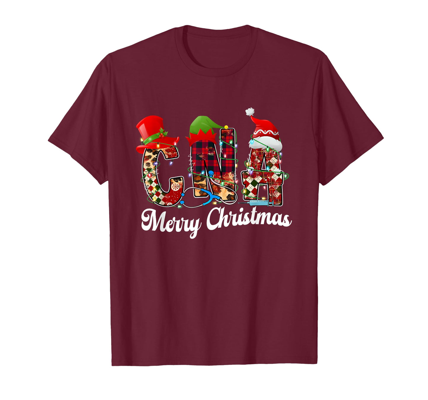Leopard Red Plaid CNA Nurse Santa Hat Elf Christmas Lights T-Shirt