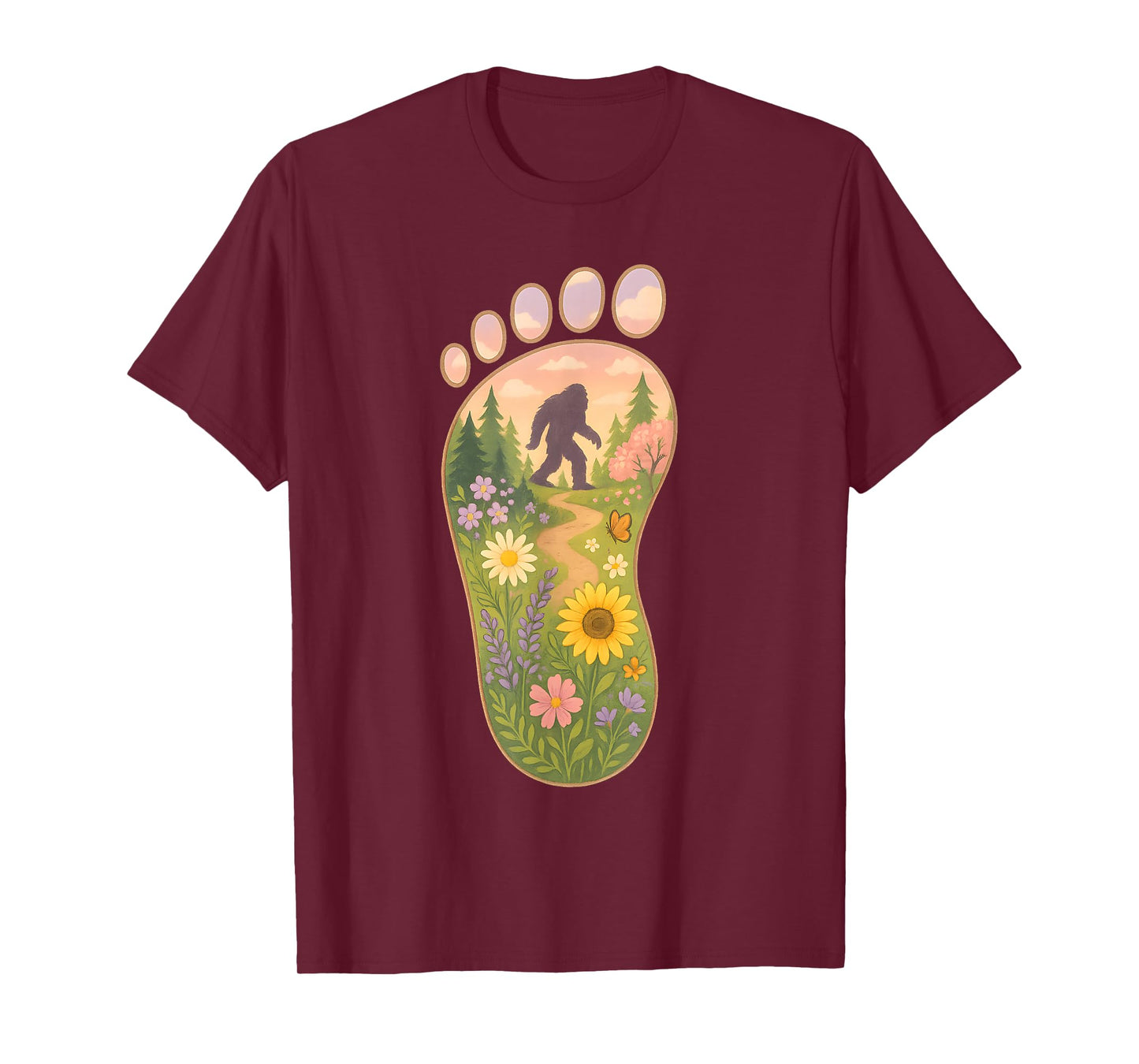 Floral Bigfoot Foot Print Forest Nature Sasquatch Cryptid T-Shirt