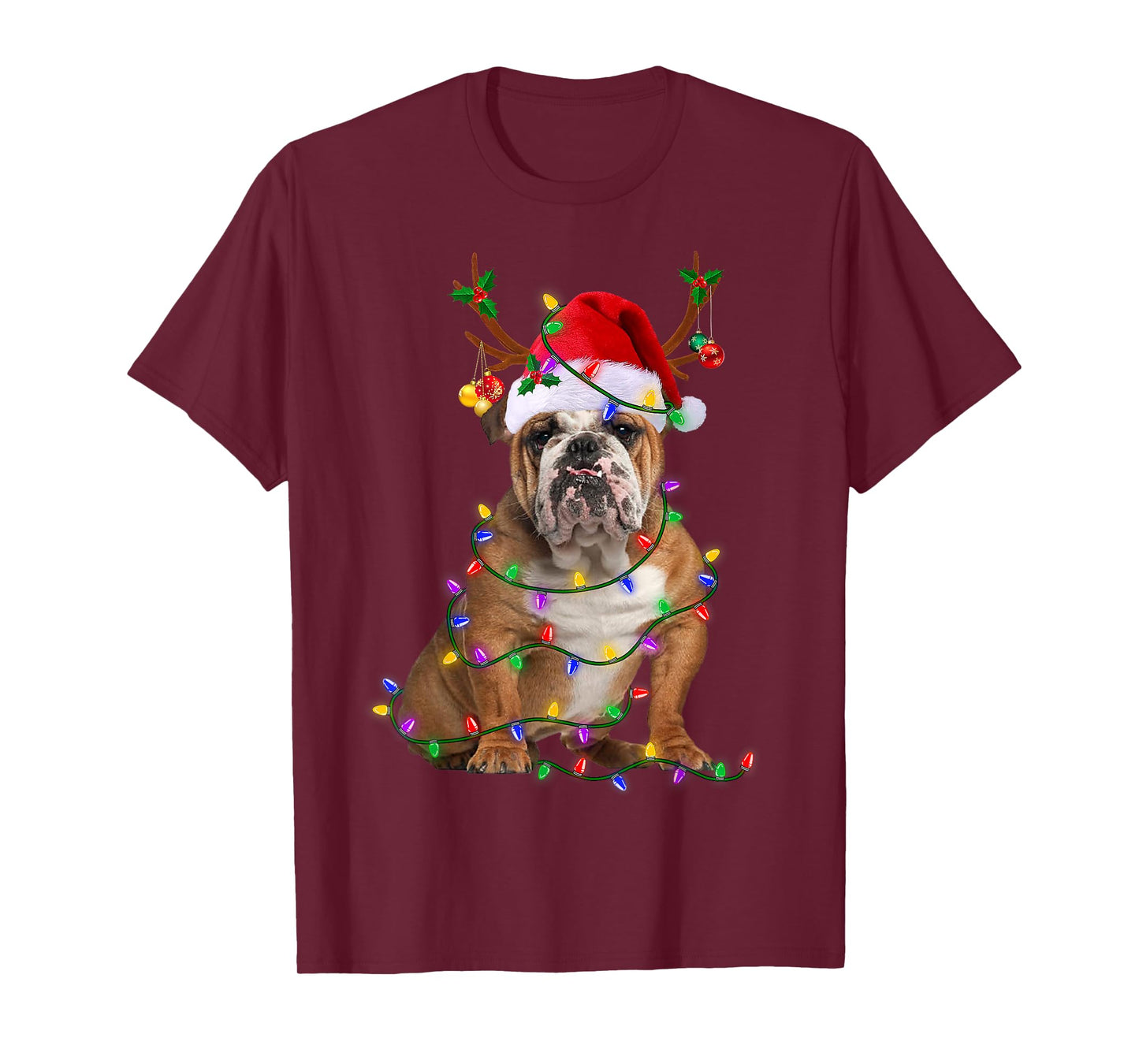 Funny English Bulldog Dog Tree Christmas Lights Xmas Pajama T-Shirt for Men Women Kids