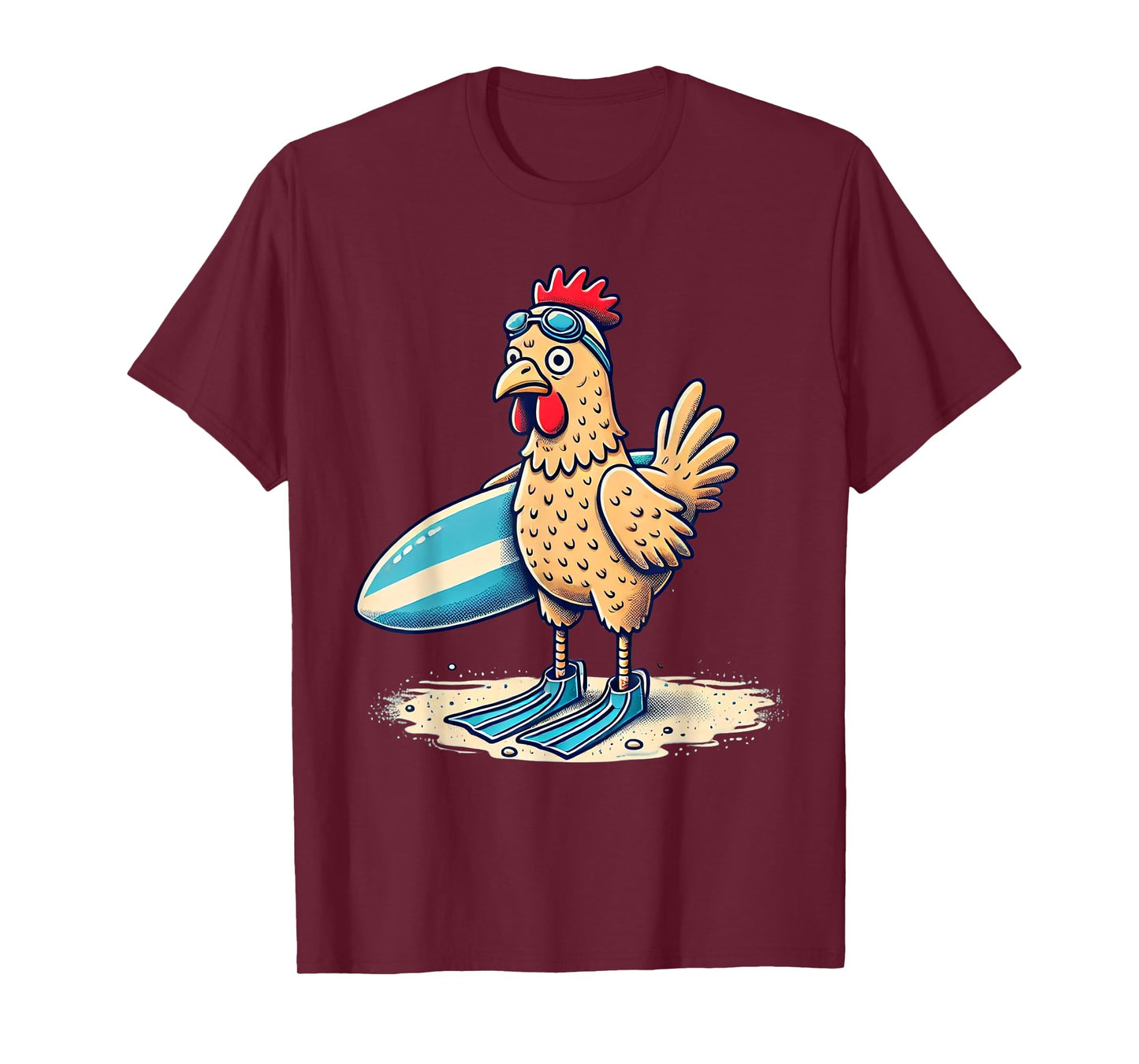 Funny Surfing Chicken with Flippers Beach Design T-Shirt
