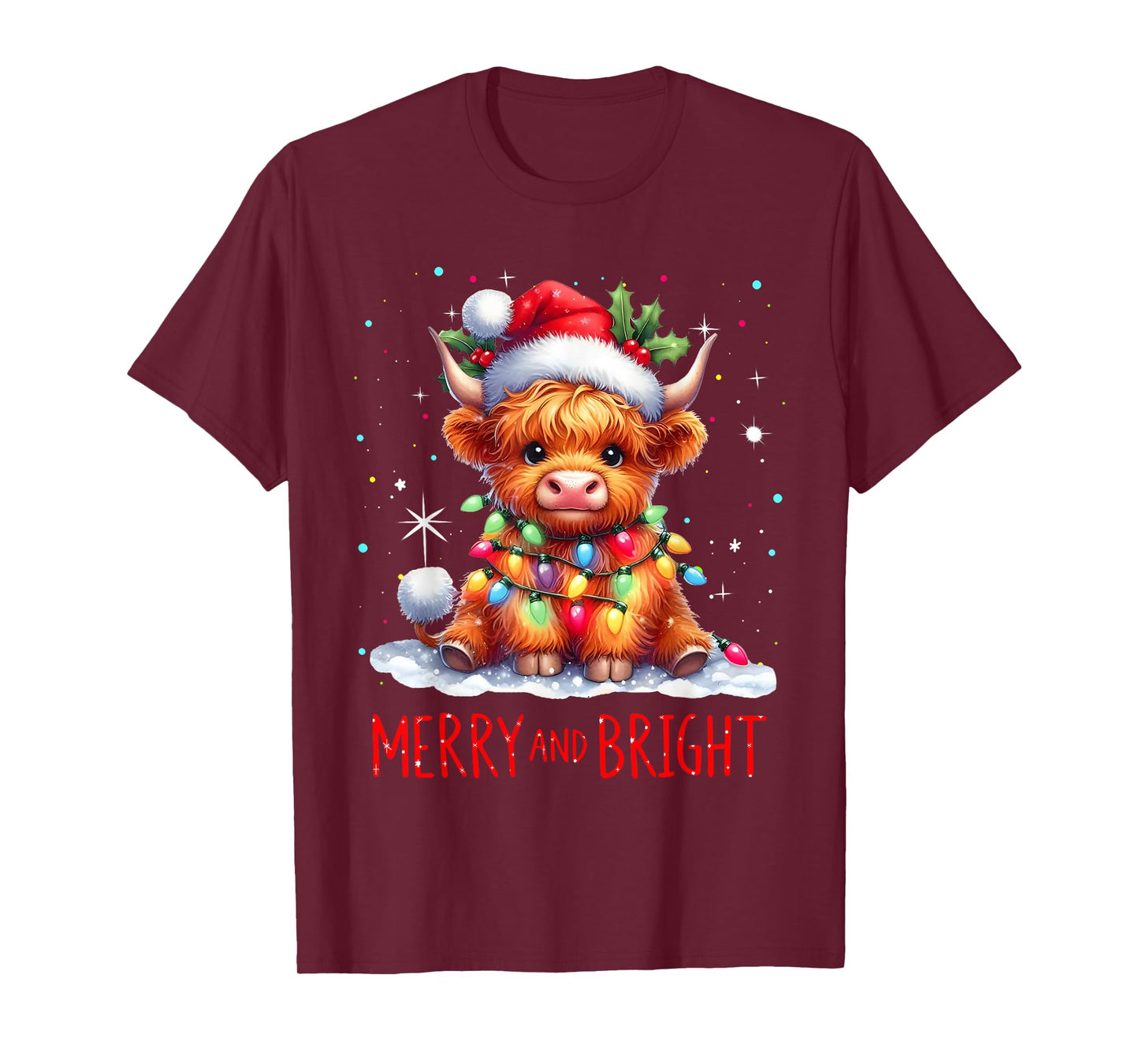 Cute Highland Baby Cow Christmas Lights Merry & Bright Xmas T-Shirt