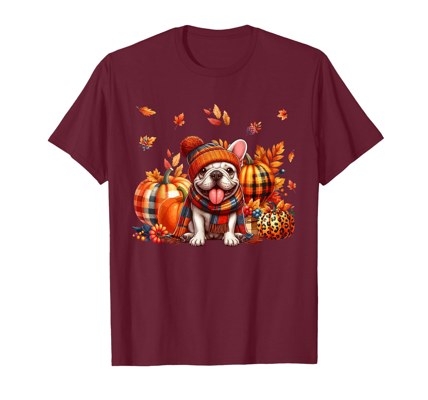 French Bulldog Thanksgiving Leopard Pumpkins Fall Leaves T-Shirt