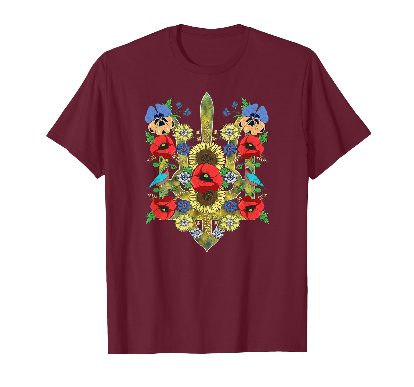 Ukraine Birds Red Poppies Trysub Retro Ukrainian Vyshyvanka T-Shirt