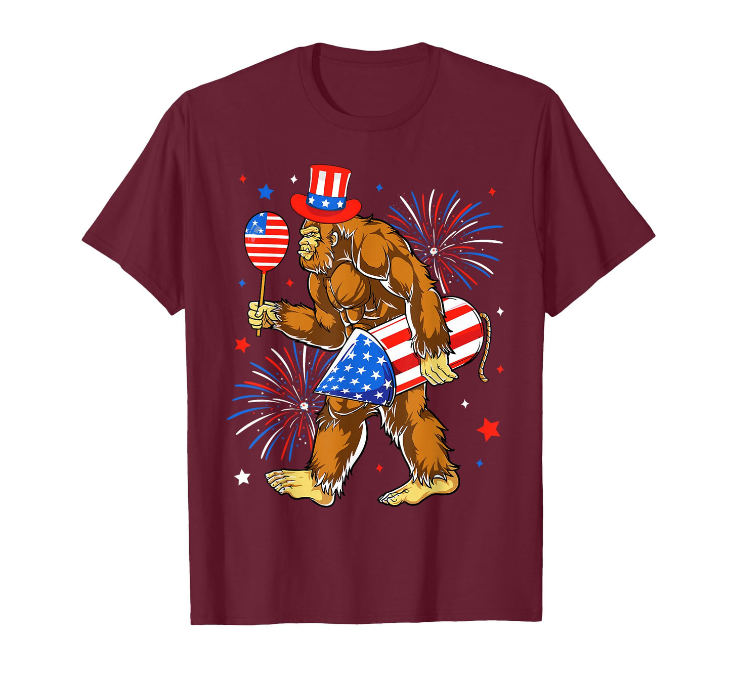 Bigfoot Firework American Flag Bigfoot 4th of July Sasquatch T-Shirt
