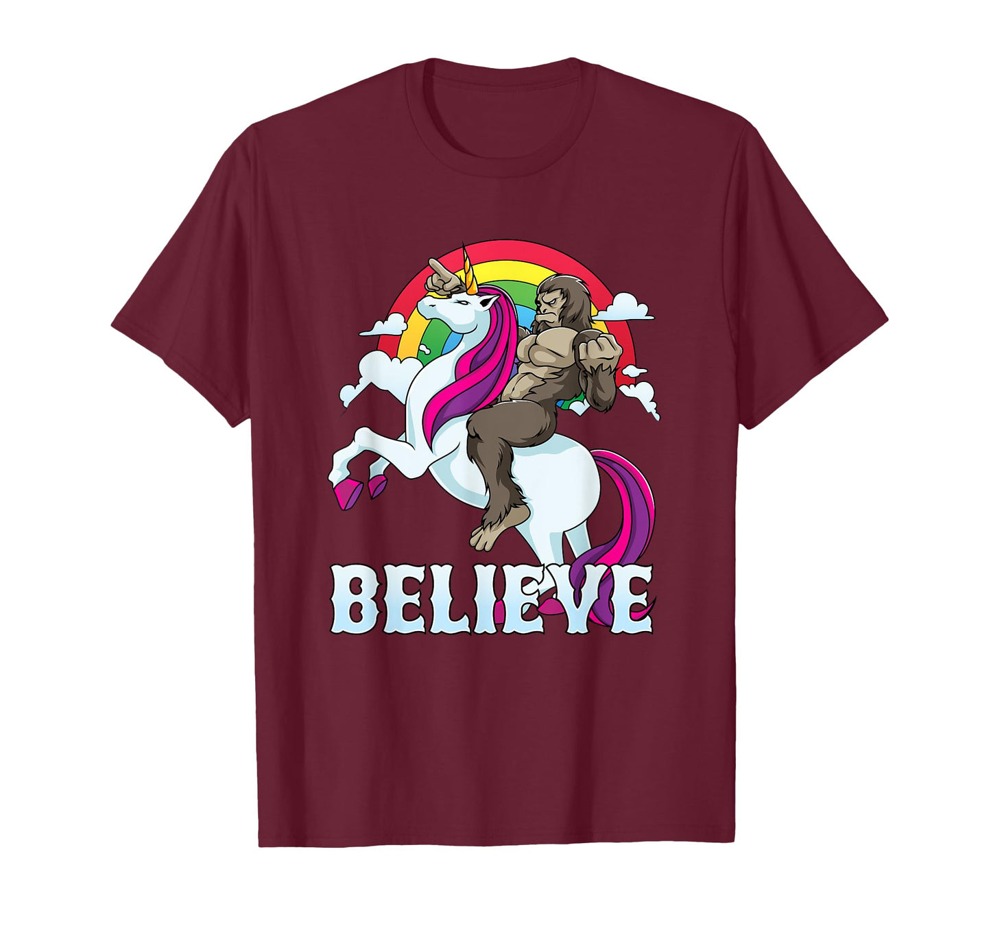 Bigfoot Riding Unicorn Believe Sasquatch Faith Rainbow T-Shirt