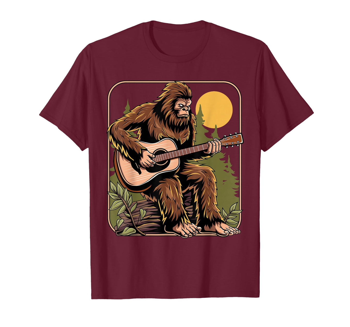 Retro Bigfoot Sasquatch Playing Acoustic Guitar Guitarist T-Shirt