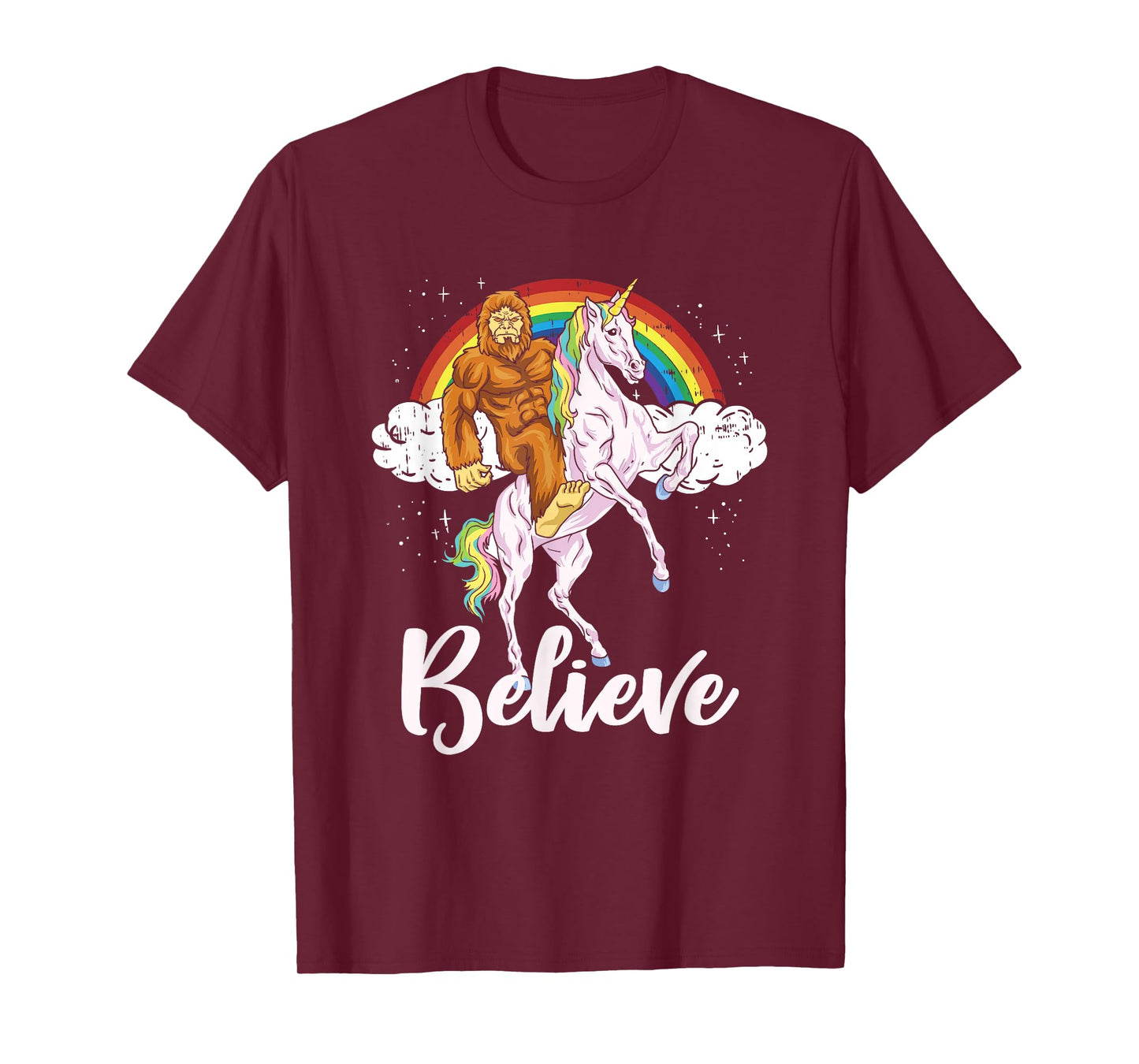Bigfoot Riding Unicorn Believe Yeti Sasquatch Rainbow T-Shirt