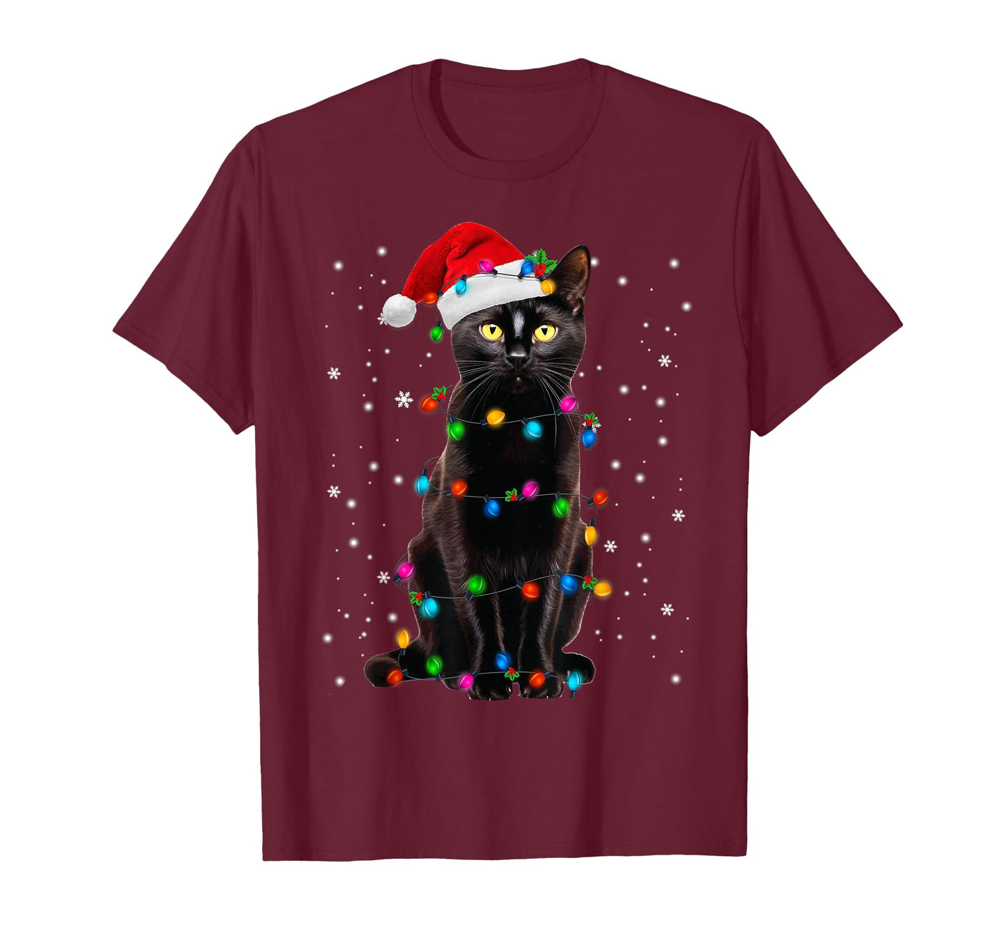 Black Cat Christmas Lights Santa Funny Cat Dad Mom Xmas T-Shirt