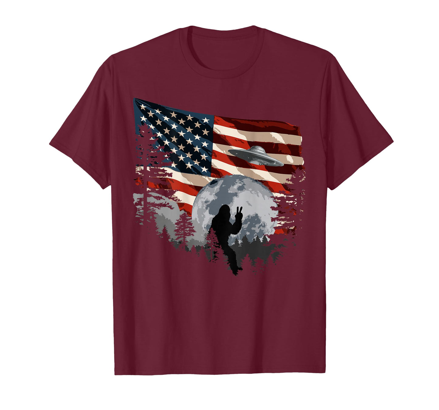 Bigfoot Sasquatch American Flag (Design on Back) T-Shirt