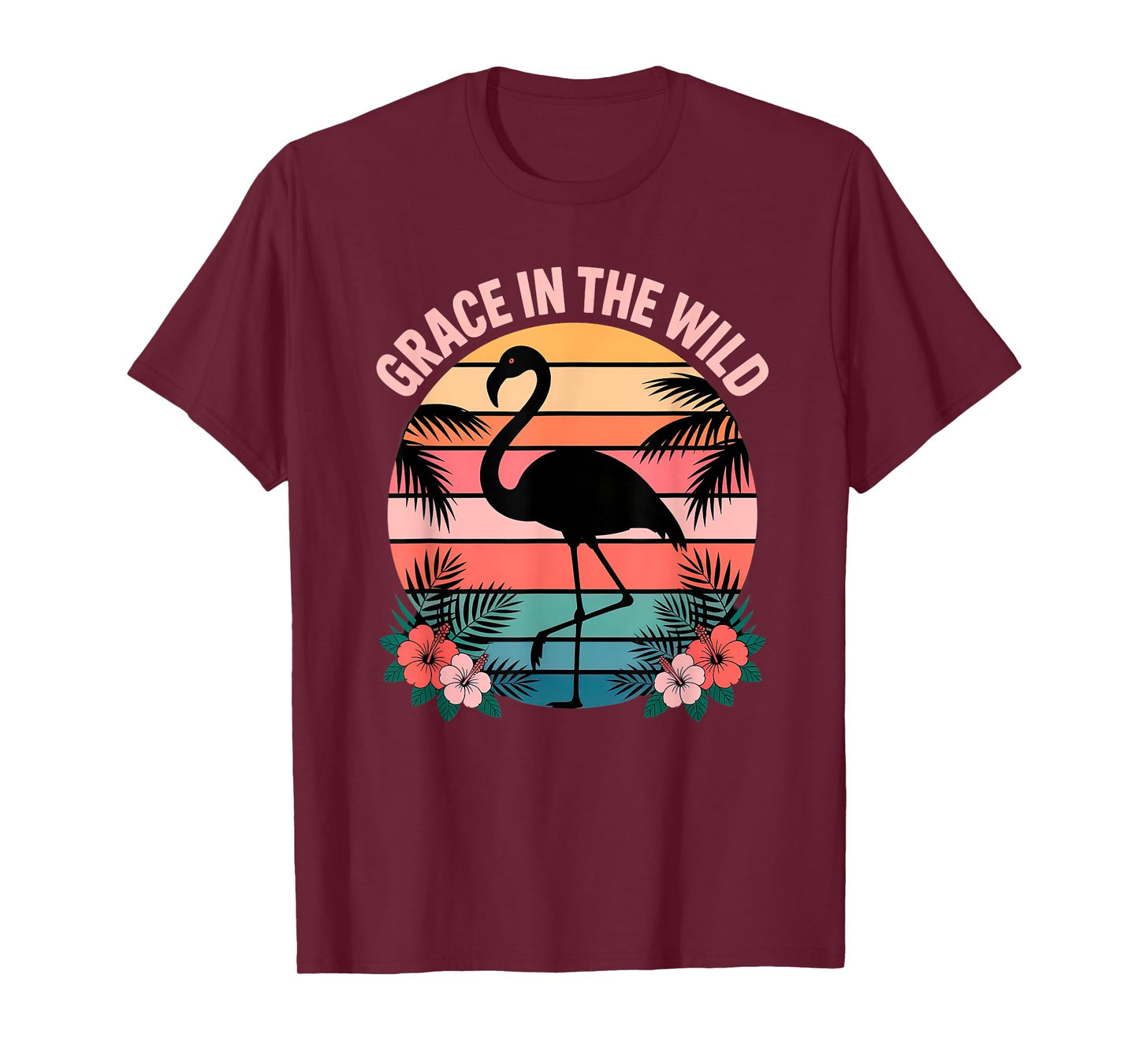 Flamingo with Sunset Colors and Flowers in Nature Scene T-Shirt