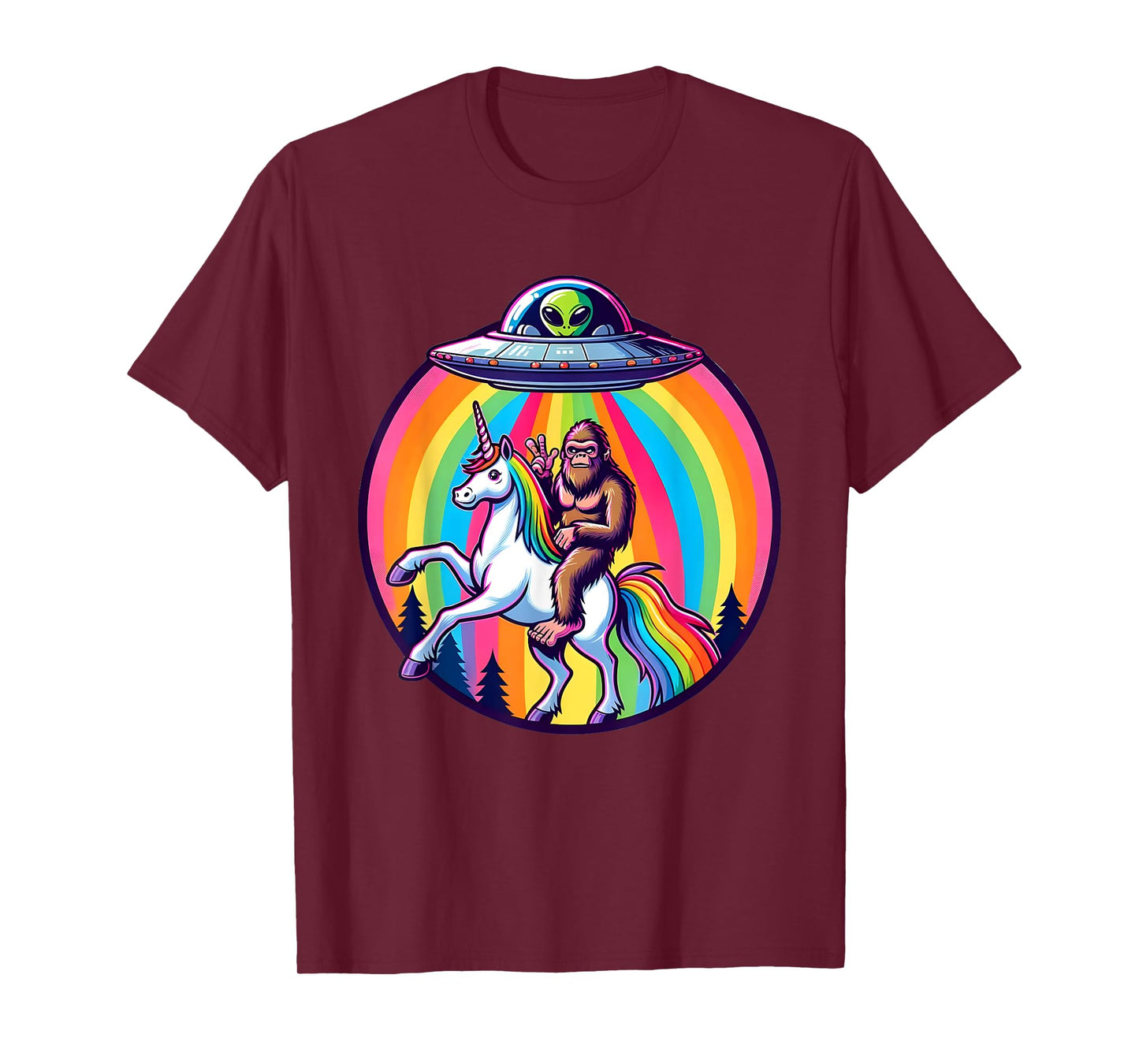 Bigfoot riding a Unicorn beamed up by a UFO, Alien, Cryptid T-Shirt