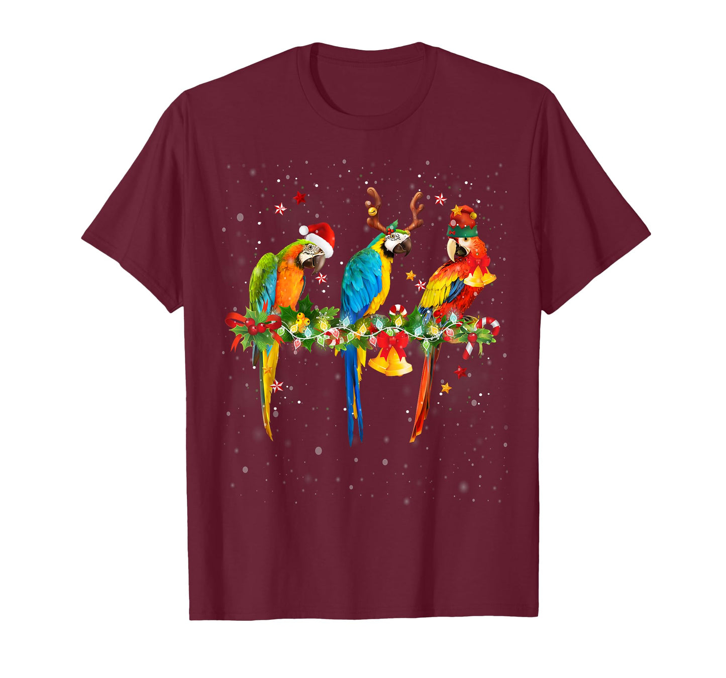 Colorful Christmas Parrots Santa Reindeer Elf Hat Funny T-Shirt