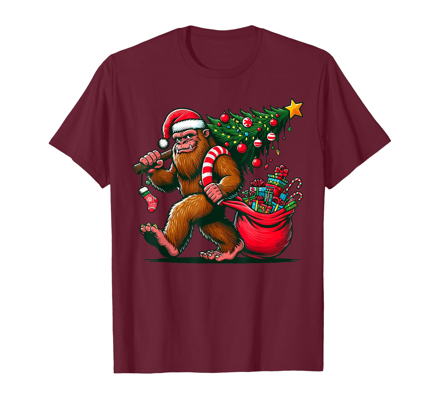 Bigfoot Christmas Tree Lights Xmas Sasquatch T-Shirt - Unisex-Adults, Kids - Blue - Small - Short Sleeve - T-Shirt - Cartoon Pattern - Winter