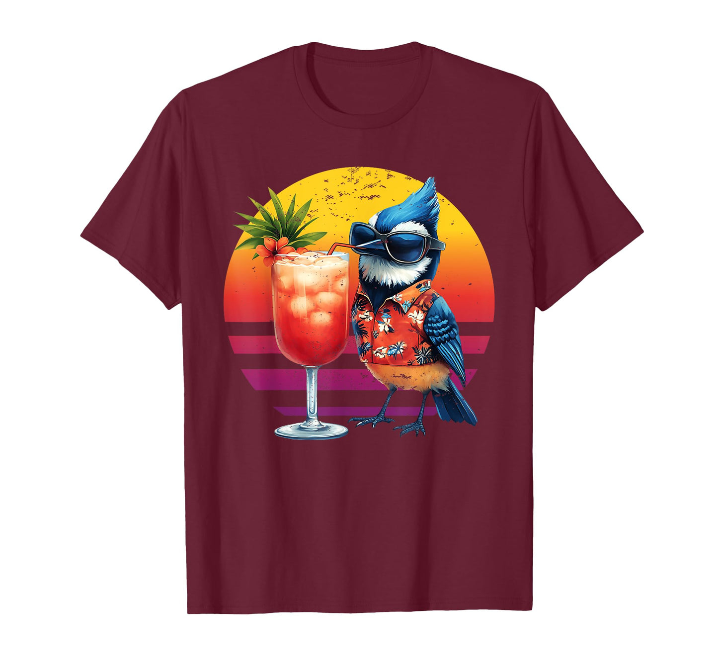 Blue Jay Drinking Hawaiian Birding Retro Summer Bird Lovers T-Shirt