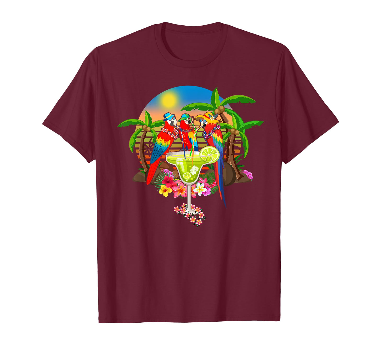 Parrots Drinking Margarita On Summer Vacation Birds Fun Men Women T-Shirt