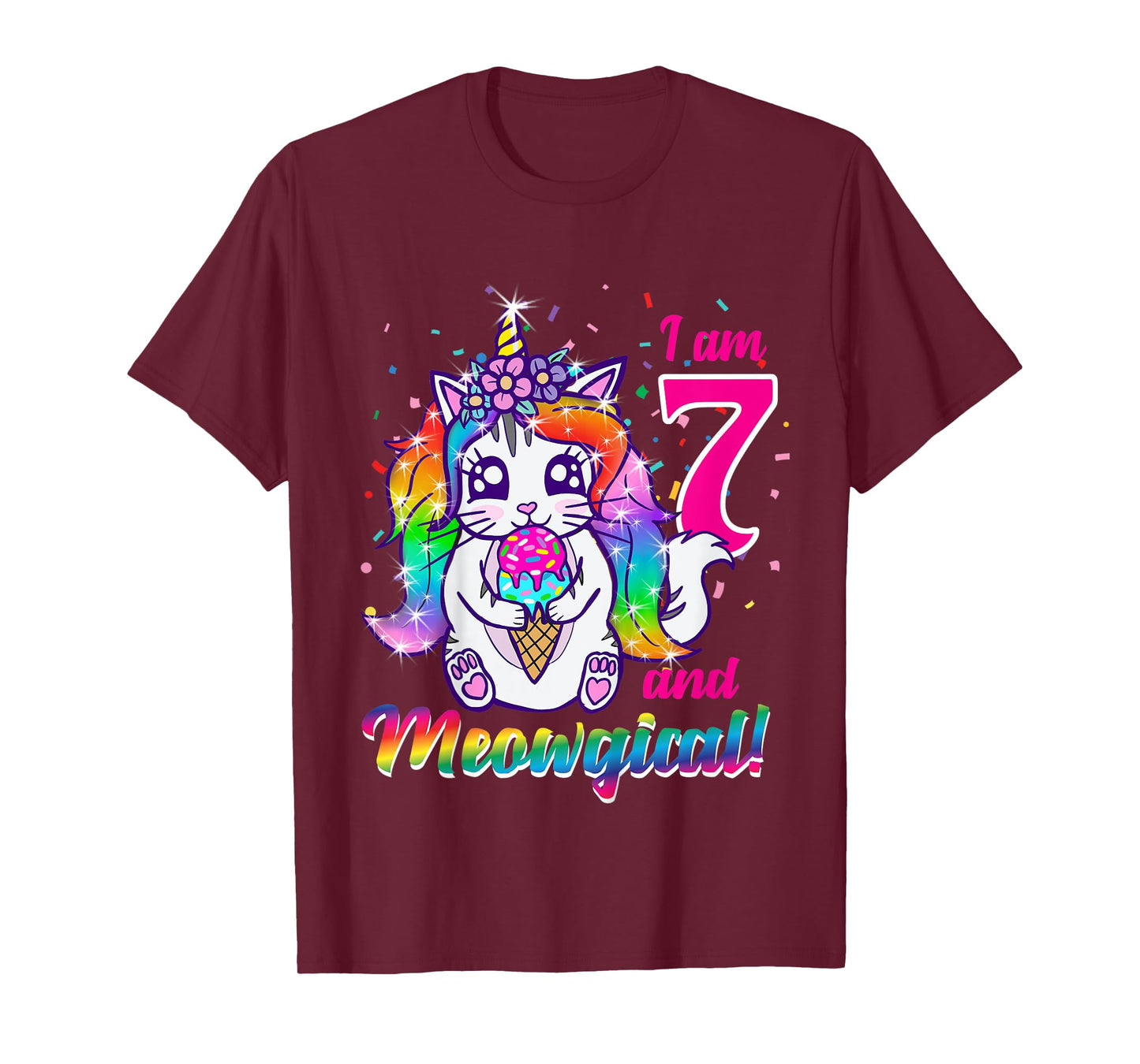 Kids I am 7 and meowgical caticorn kittycorn birthday theme party T-Shirt