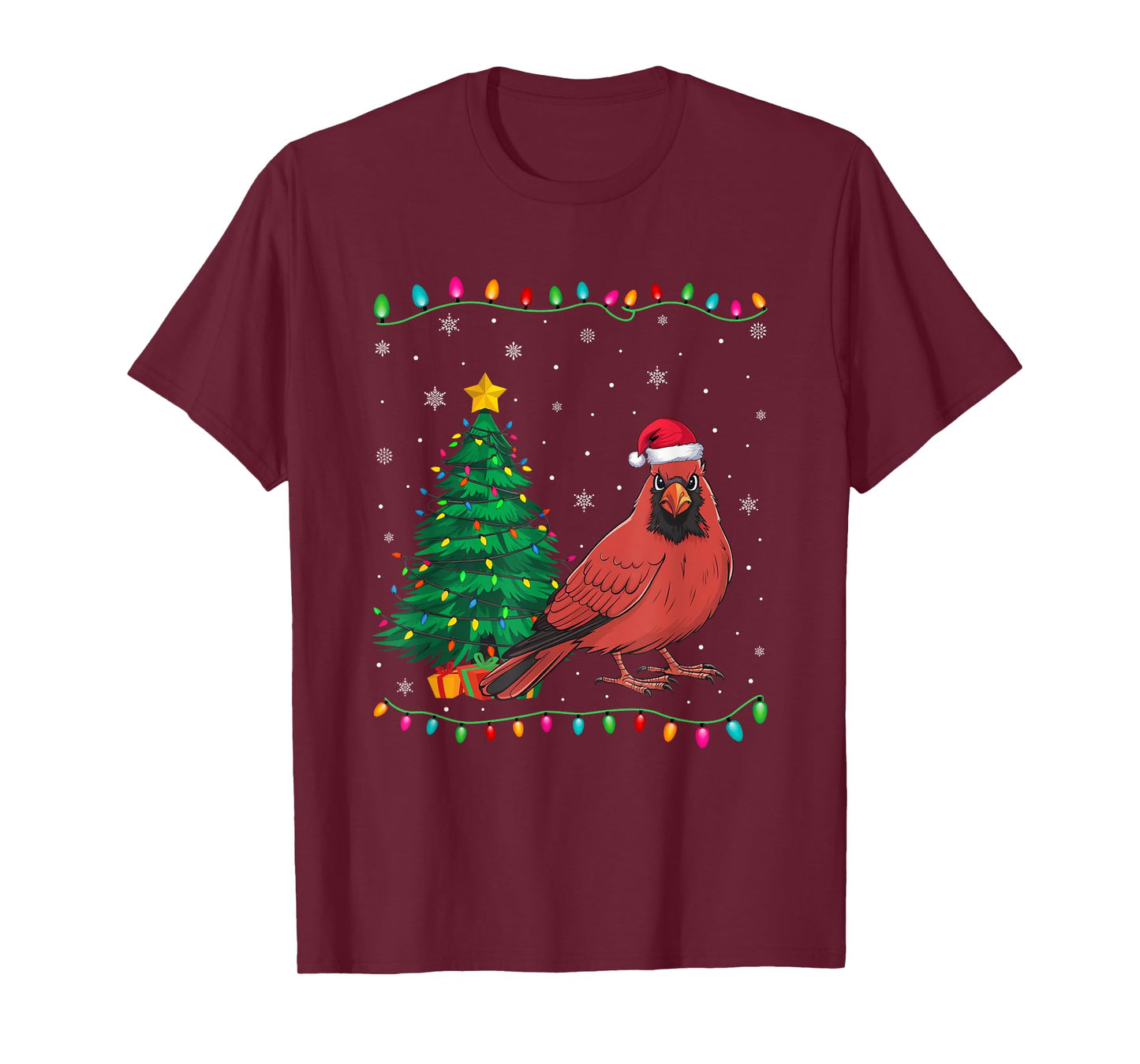 Cardinal Bird Santa Hat Men Women Kids Christmas Tree Lights T-Shirt