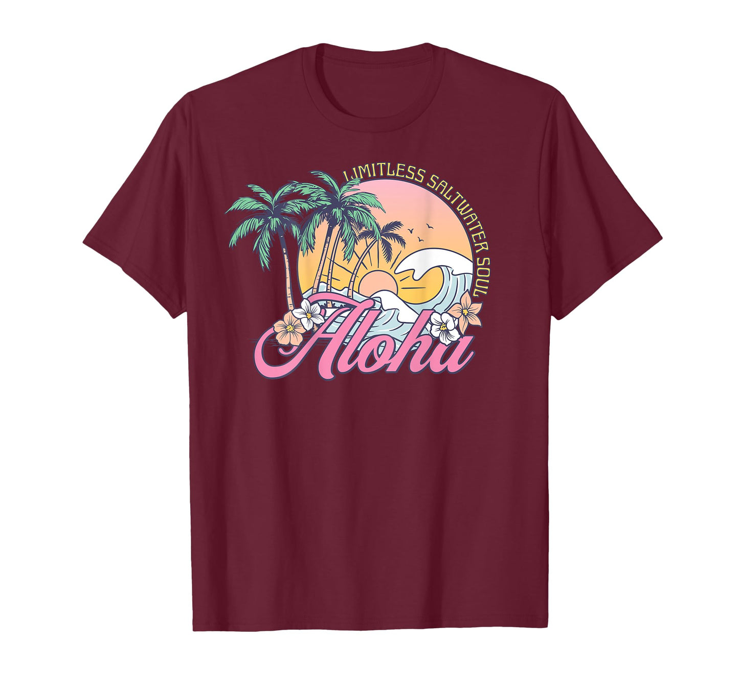 Retro Aloha Sunset Palm Trees Tropical Flowers Surfing Waves T-Shirt