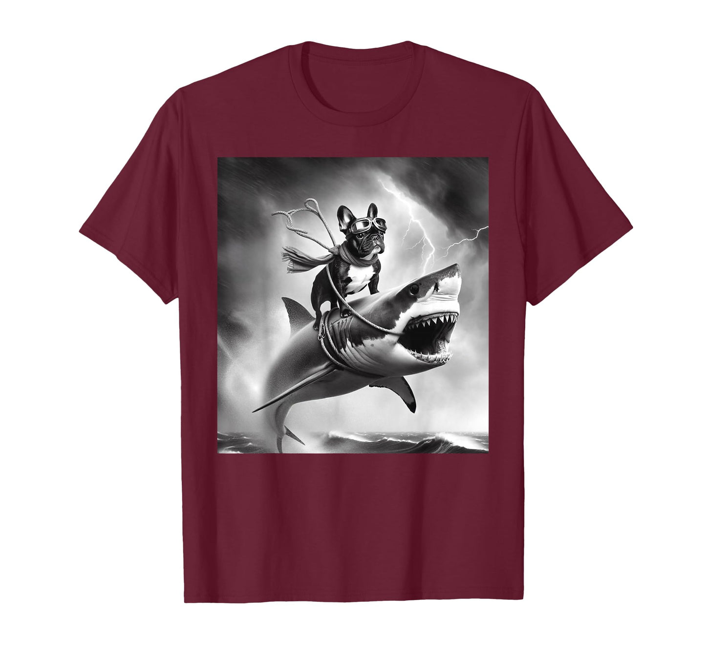 Funny Dog French Bulldog Riding a Shark in Tornado Meme T-Shirt