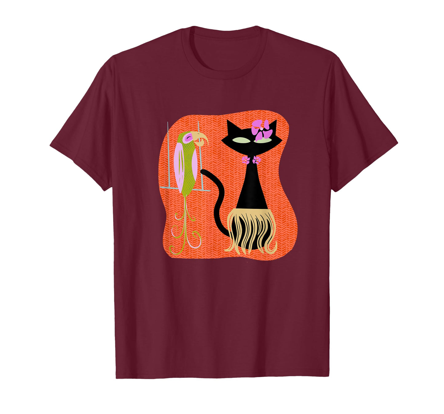 Hawaiian Hula Cat with Tropical Tiki Bird and Hibiscus Flowe T-Shirt