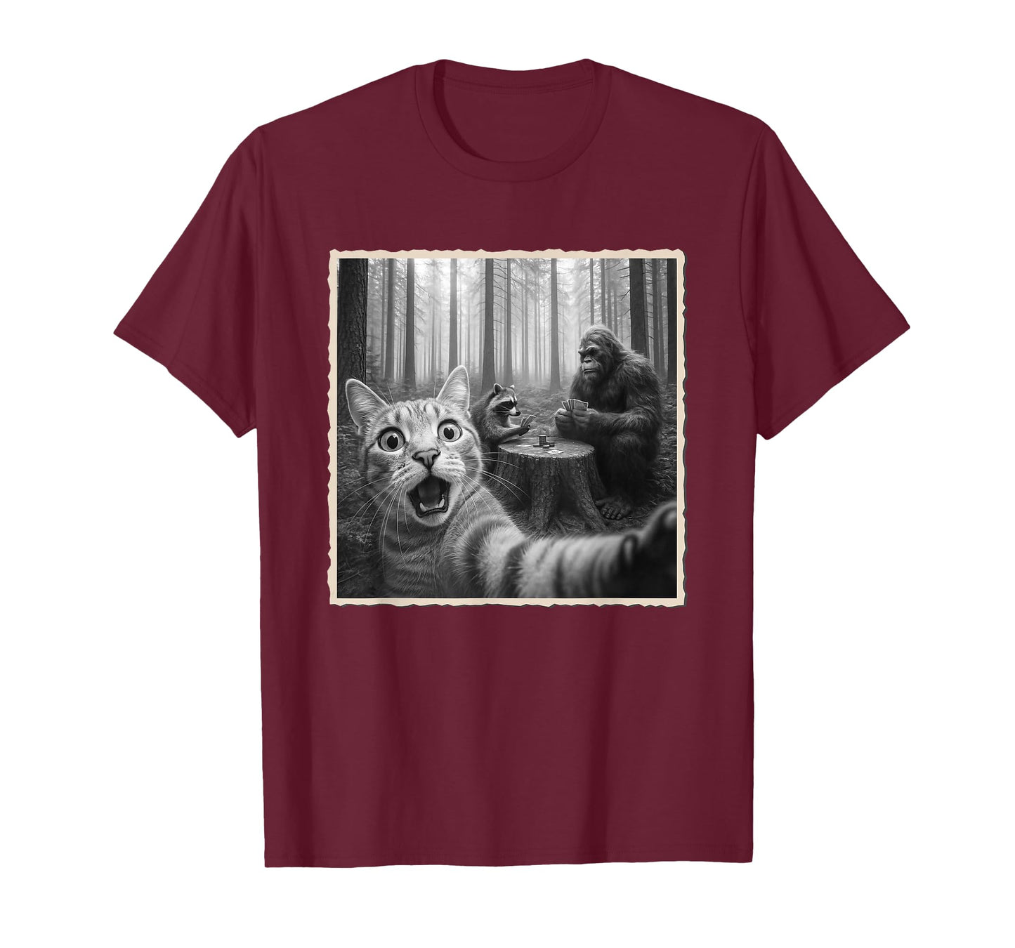 Cat Selfie With Bigfoot & Raccoon | Funny Scared Cat T-Shirt