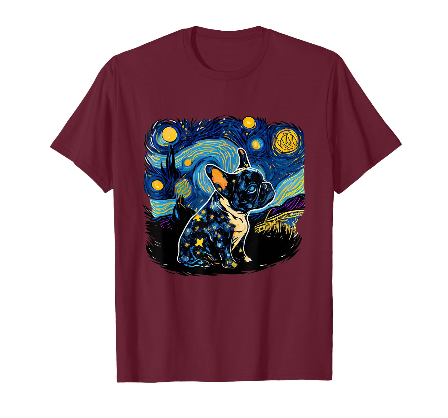 Black Frenchie French Bulldog Starry Night Van Gogh Colorful T-Shirt