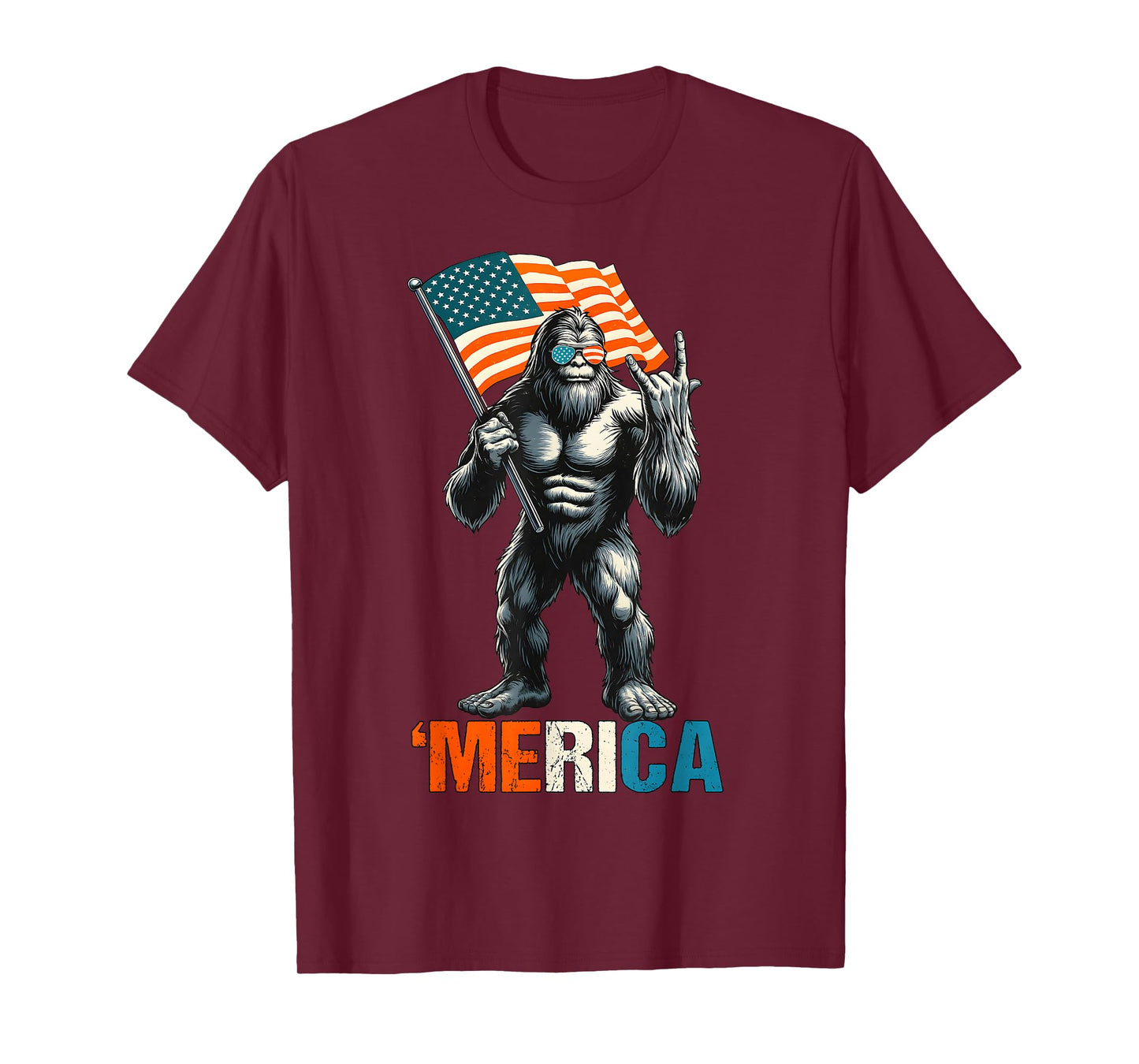 Bigfoot Merica Rock American Flag Patriotic USA 4th Of July T-Shirt
