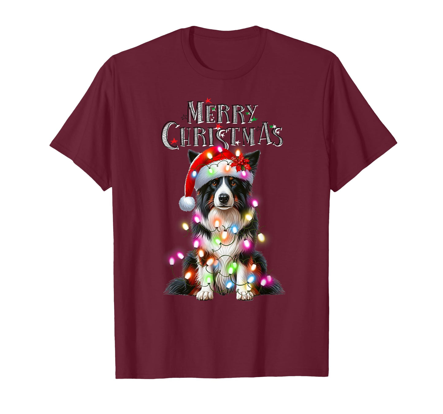 Border collie Christmas Lights Xmas dog Santa T-Shirt for Men Women Kids