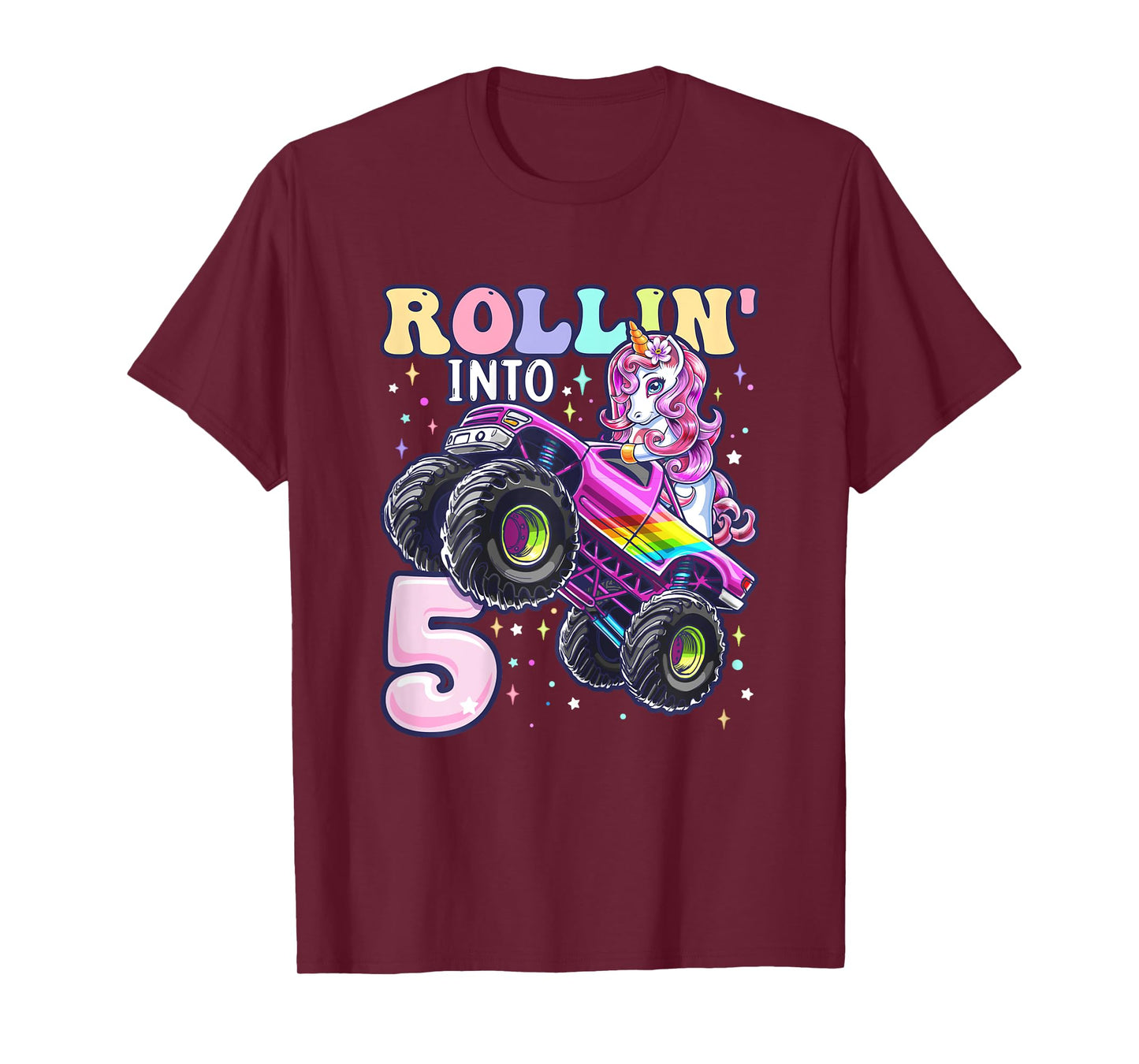 Unicorn Monster Truck 5th Birthday 5 Year Old Girls Party T-Shirt