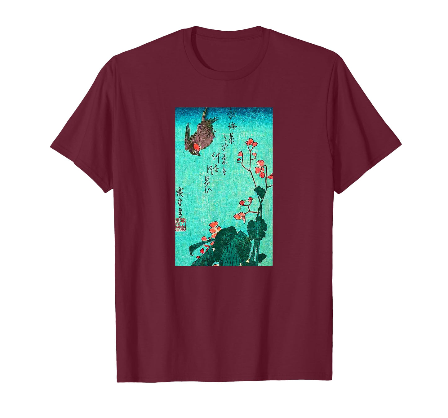 Japanese Bird and Flowers Ancient Japanese Art Design T-Shirt, Black, Small