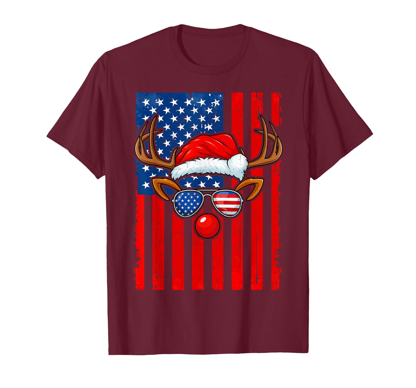 Vintage Rudolph Rednose Santa Hat Us Flag Christmas Xmas Men T-Shirt