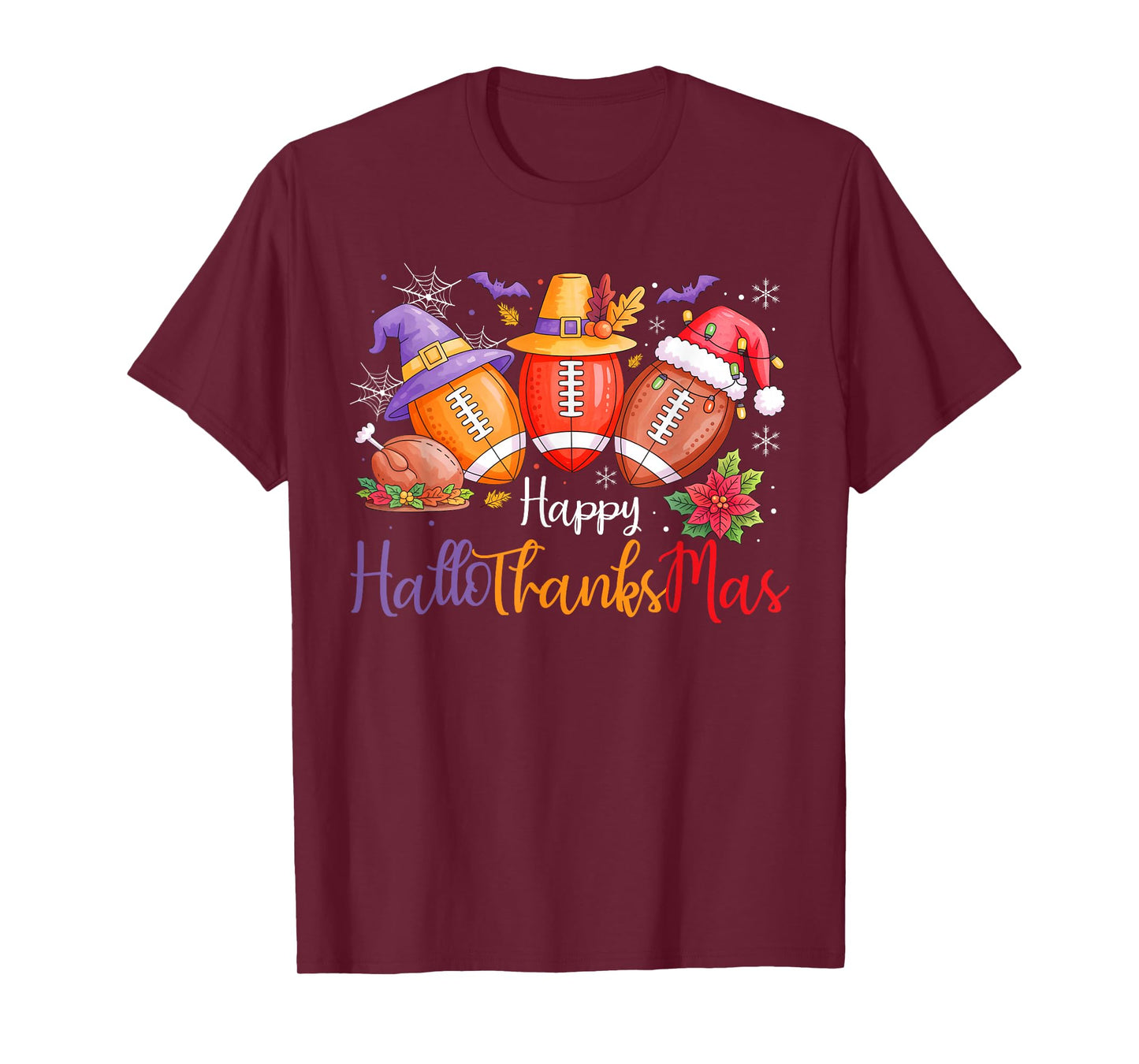 Happy Hallothanksmas Football Halloween Thanksgiving Xmas T-Shirt