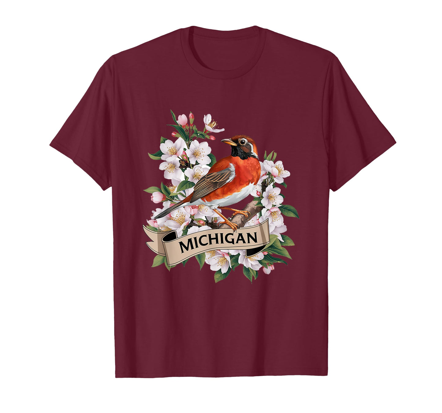 Michigan American Robin Bird and Apple Blossom Flower T-Shirt