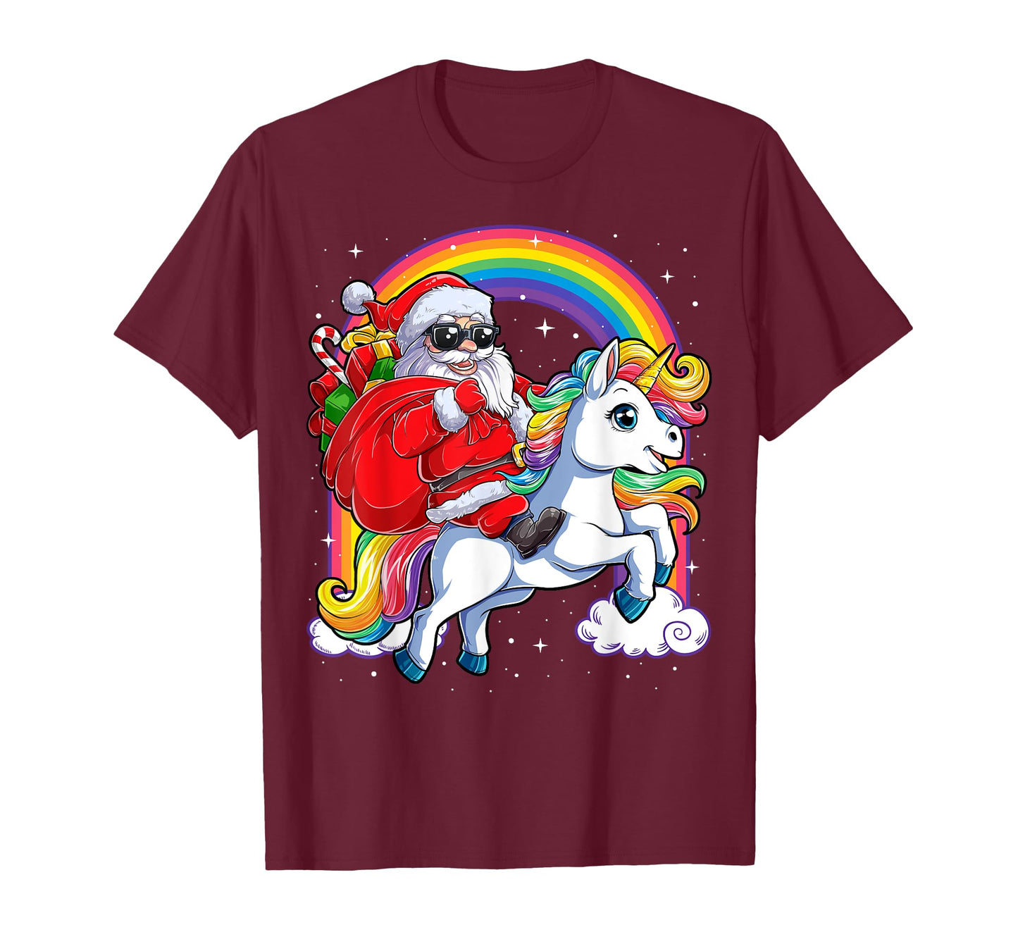 Christmas Santa Riding Unicorn Xmas Girls Women Rainbow Short Sleeve T-Shirt
