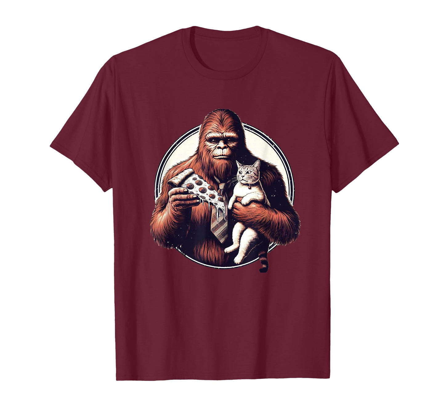 Funny Bigfoot Sasquatch Pet Cat Eating Pizza Adventures T-Shirt for Men Women Kids