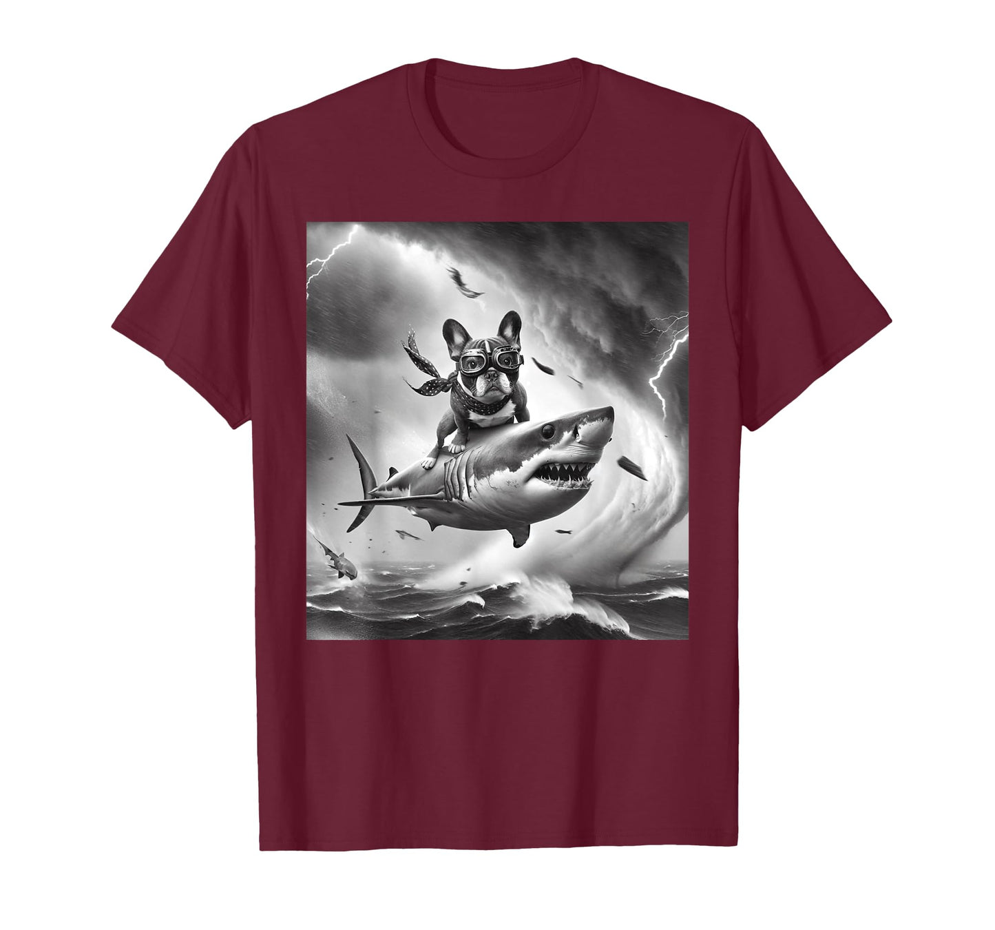 Funny Dog French Bulldog Riding a Shark in Tornado Meme T-Shirt