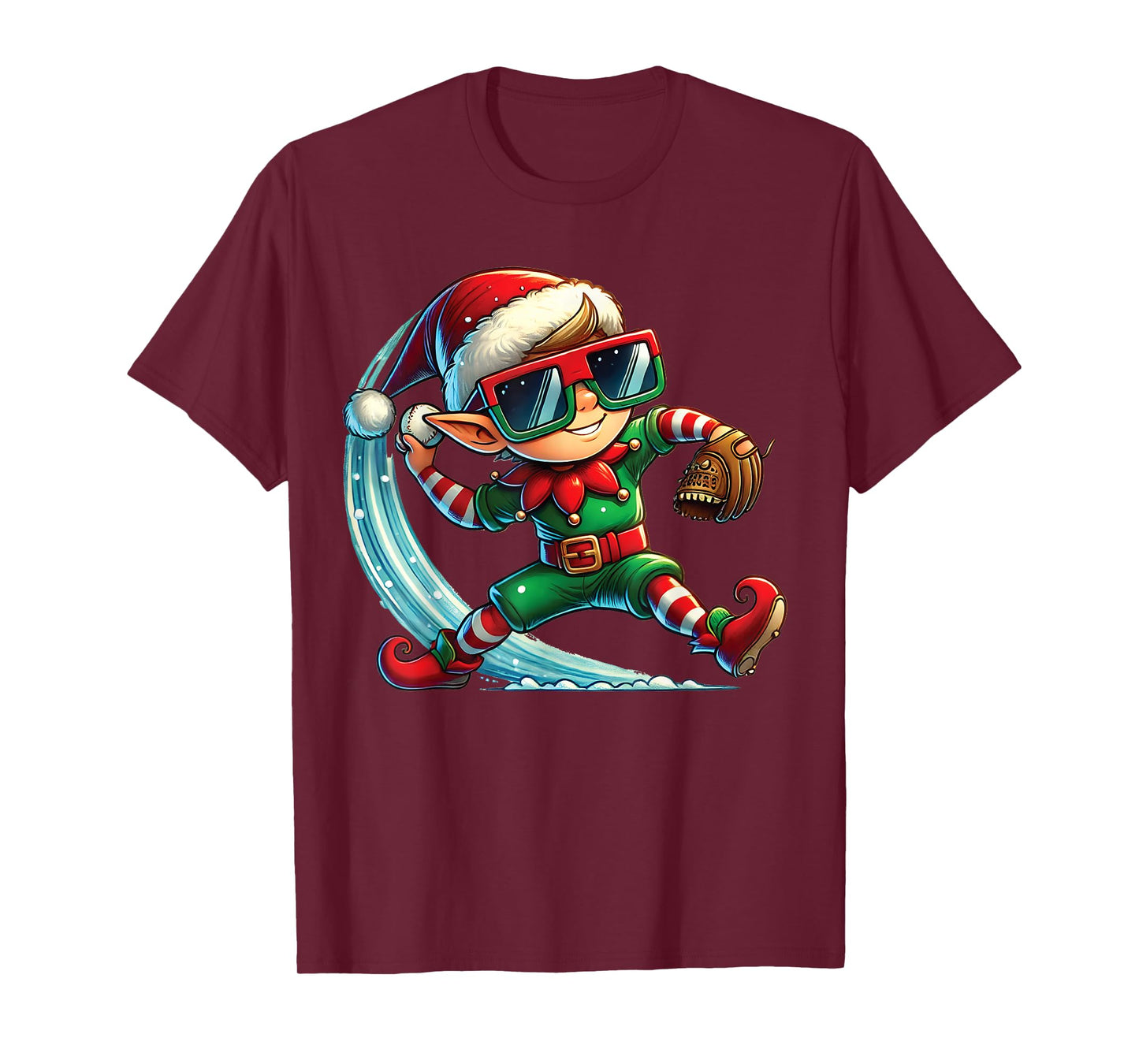 Elf Playing Baseball as Pitcher Boys Kids Teens Christmas T-Shirt