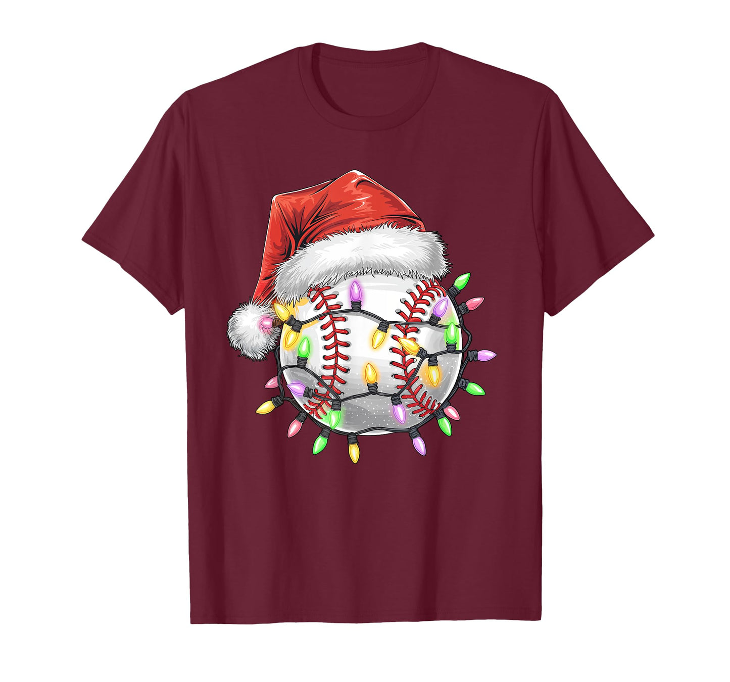 Baseball Christmas Lights Men Boys Youth Santa Sports T-Shirt