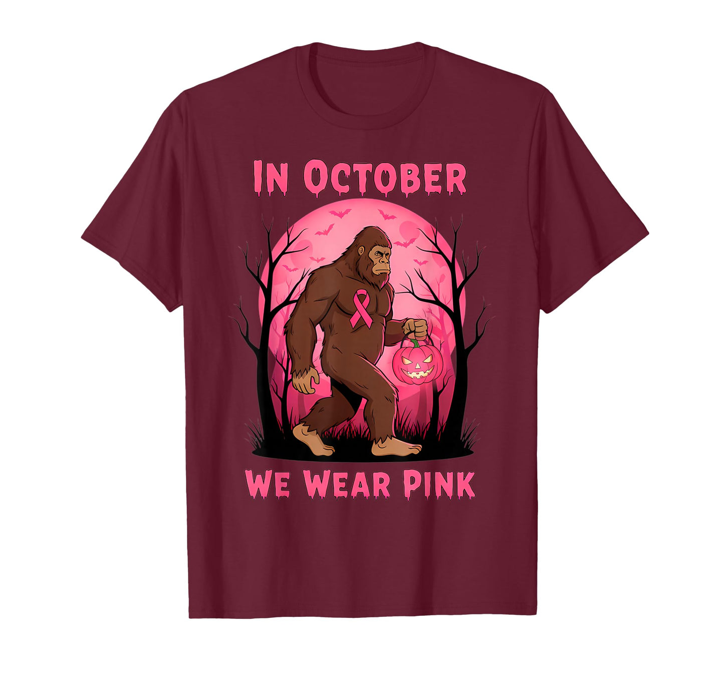 in October We Wear Pink Bigfoot Halloween Breast Cancer T-Shirt