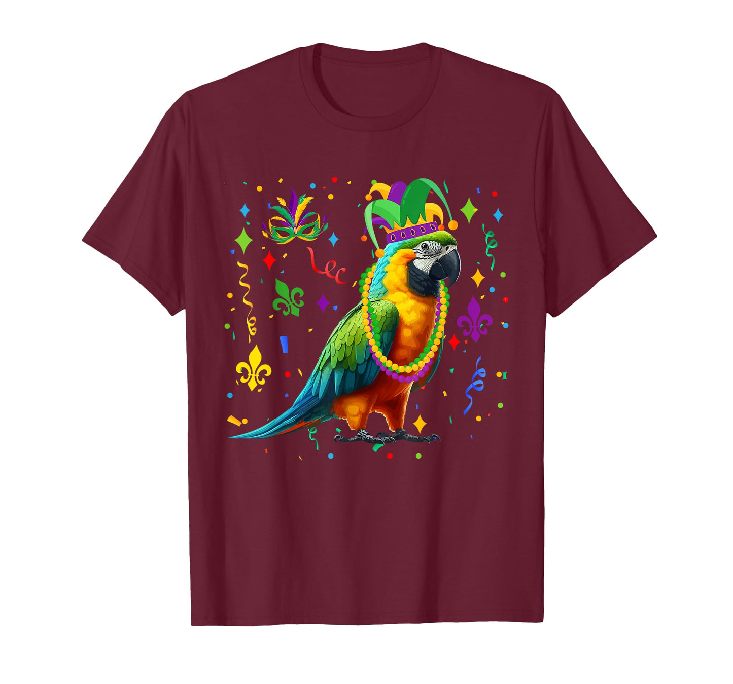 Parrot Wearing Mardi Gras Beads Jester Hat Masked Parades T-Shirt