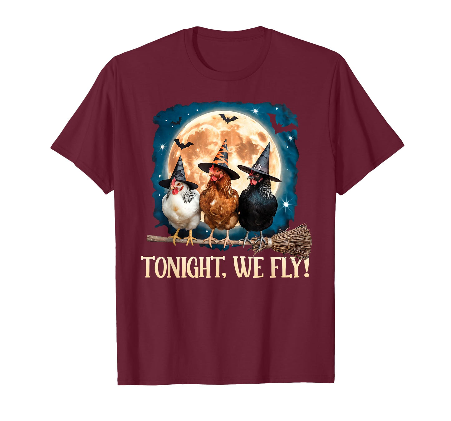 Tonight We Fly Moon Bat Funny Spooky Chicken Witch Halloween T-Shirt